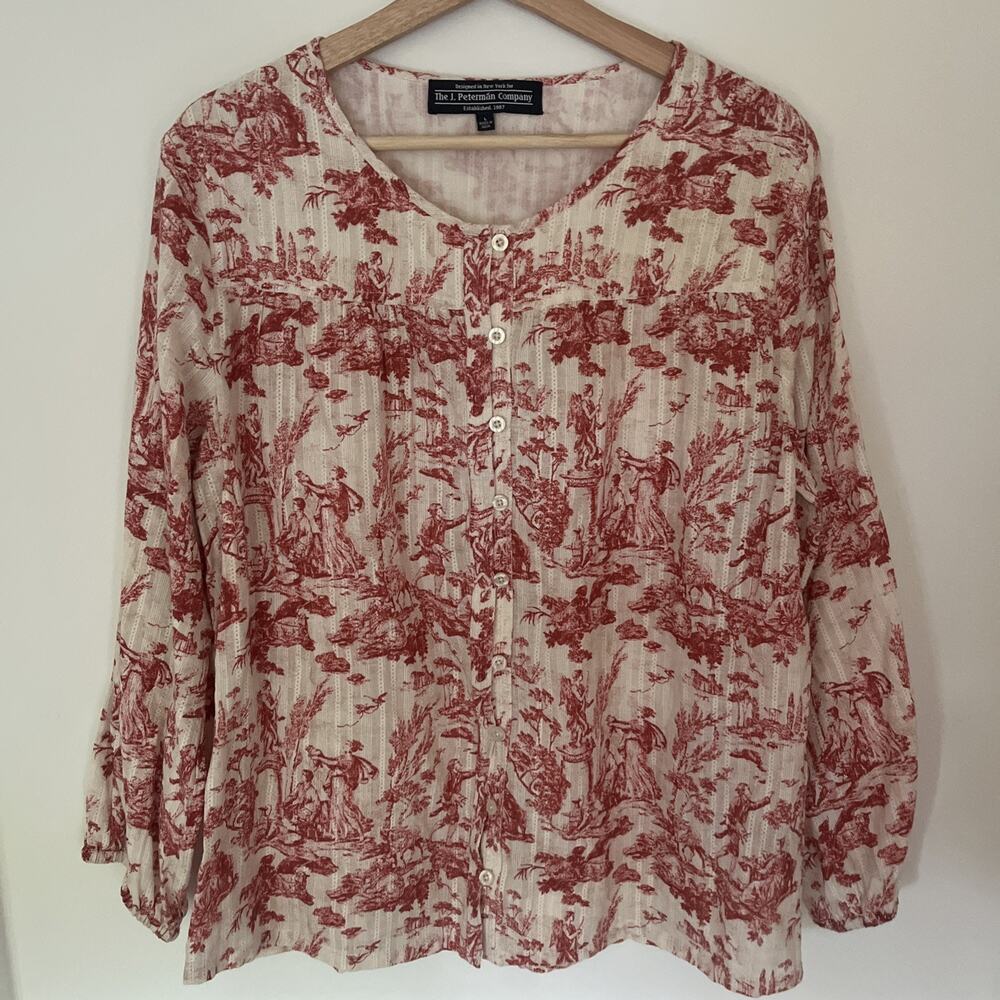 J. Peterman Company Cotton Floral Tunic Top Large Red Cream